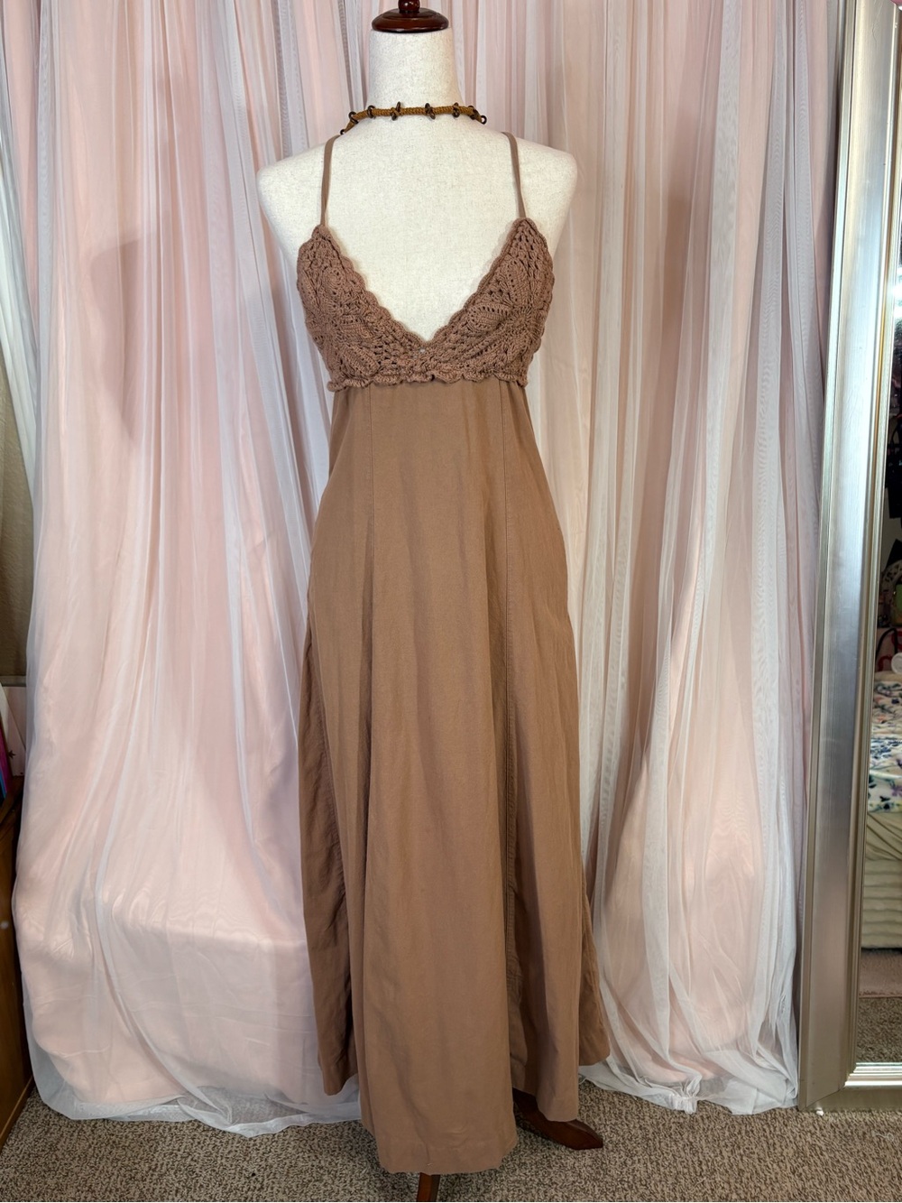 Free People Brown Crochet Bodice Maxi Dress Size S